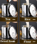 Pantry Game Changer 304 Stainless Steel Airtight Food Storage Canister with tea, rice, dried food, and flour.
