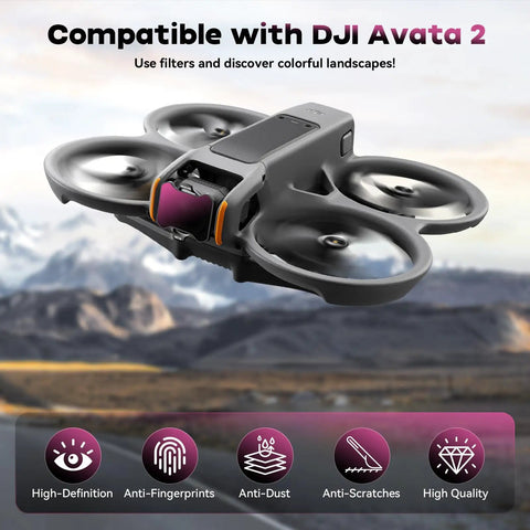 Avata 2 Drone ND Filter Set 6 Pack UV CPL ND8 ND16 ND32 ND64 for crisp exposure control with a scenic landscape background
