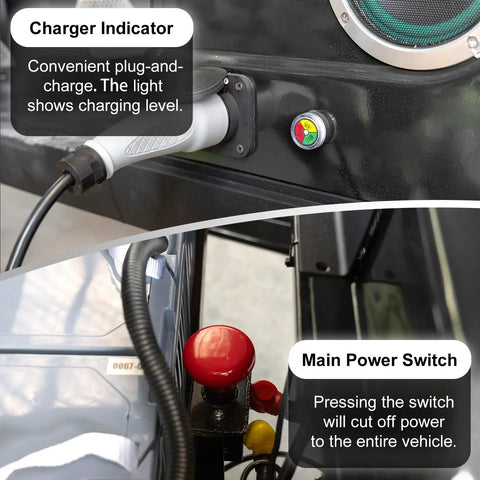 Charger indicator and main power switch details on Sleek Black 4-Seater Electric Golf Cart With Raised Stance, Heavy Duty Shocks.