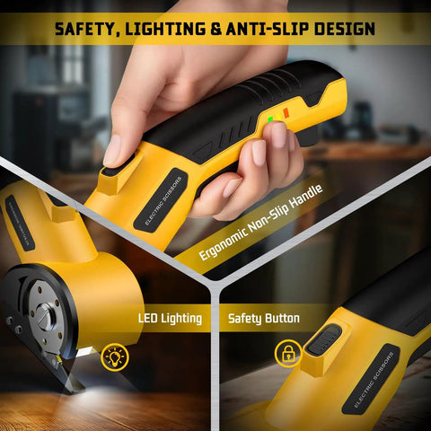 Rechargeable Cordless Electric Scissors With LED Light and Two Extra Blades for Cardboard Cutting 0.25 Inch Thick 320RPM Box Cutter Tool Great For Office And Home Use Easy To Handle ergonomic non-slip handle and LED light