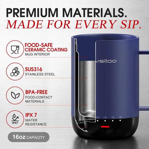 Close-up view of Smart Self Heating Coffee Mug With Advanced Temperature Control, 16 oz, stainless steel and ceramic design.