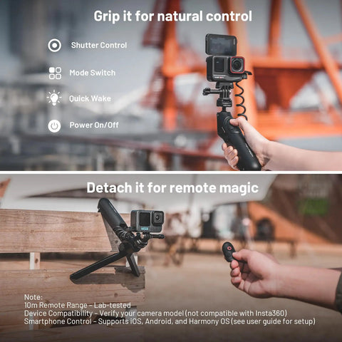 GoPro CapLock MantisPod Power 5000mAh Battery Grip Mount With Quick Release Charging Handle, being held and placed as a tripod