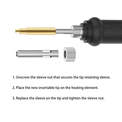 Disassembled view of Six Piece Heat Set Insert Tool Kit With Soldering Iron Tips For Thread Inserts M2 To M6 All In One Heat Tool