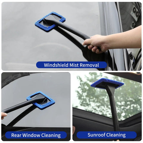 45 Piece Car Detailing Kit Beast With Pro Brush Set includes windshield cleaning tool in use for mist removal.
