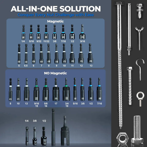 34 Piece Magnetic Nut Driver Set With Impact Driver Bits and Socket Adapters arranged with bolts and screws