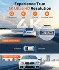 Blazing 4K Front And Rear Dash Cam With Built In WiFi 6 And GPS, Dual Lens Car Camera detailing resolution and viewing angles.
