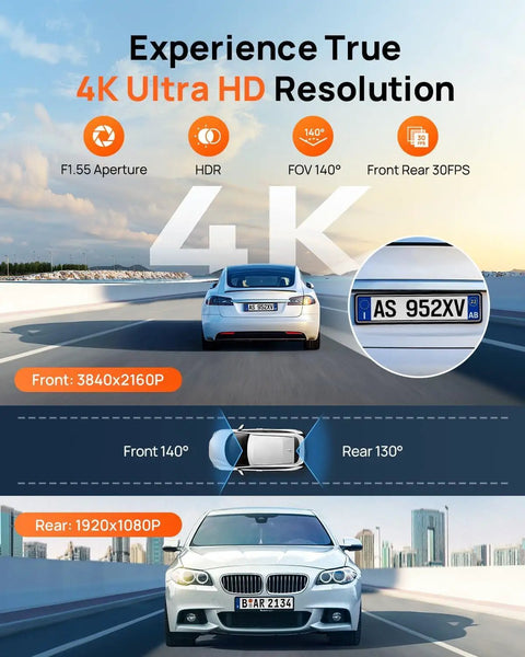 Blazing 4K Front And Rear Dash Cam With Built In WiFi 6 And GPS, Dual Lens Car Camera detailing resolution and viewing angles.