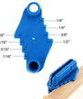 Blue Weewooday center finder tool with magnetic pencil holder; front view showing measurement marks