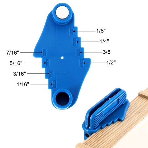 Blue Weewooday center finder tool with magnetic pencil holder; front view showing measurement marks