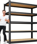 Beefy Heavy Duty Garage Shelving Unit 5 Tier Adjustable Metal Storage Rack For Tools Bins And Bulk Items Perfect For Workshop Pantry And Garage Organization 2050 Lbs Capacity, black metal shelving unit with man standing beside it
