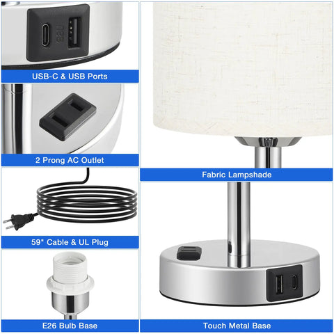 Set Of 2 Bedside Lamps With 3 Way Dimming USB C And USB A Ports And Outlets Modern Nightstand Lamps With Linen Shade And Silver Base