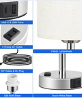 Touch Activated Bedside Lamps Set Of 2 For Bedroom 3 Way Dimmable Nightstand Lights With USB C And USB A Ports And Outlets Silver Base