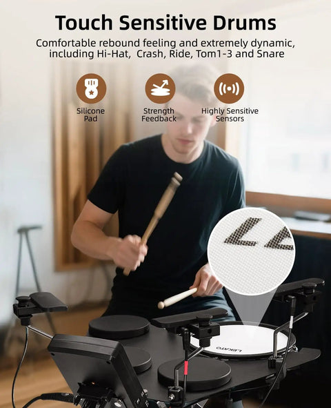 Person playing Quiet Dual Layer Mesh Snare Electronic Drum Set With Over 220 Sounds, USB MIDI, touch-sensitive pads visible