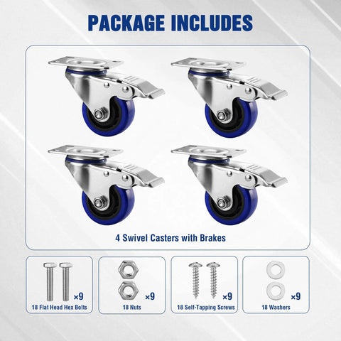 Heavy Duty 3 Inch Swivel Caster Wheels Set Of 4 including brakes, components shown with galvanized steel build for shop use.