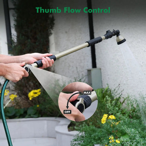 Using the Extra Long All Metal Telescoping Watering Wand With 180 Degree Adjustable Ratcheting Head and Four Spray Patterns, Thumb Flow Control in garden.