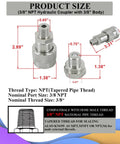 Front view of Elifecenter 3/8 NPT hydraulic quick-connect coupler, 10,000 PSI, with dust caps.