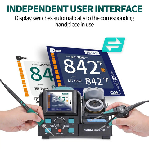 Two In One Microsoldering Station With Precision Iron And Hot Tweezers showing independent user interface and temperature control