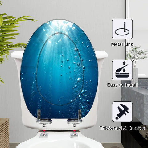 Elongated Blue ocean waves from underwater bubbles Toilet Seat with metal link, easy installation, thickened and durable design.