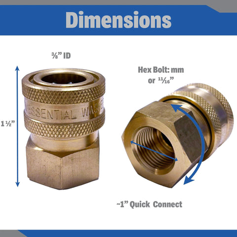 Brass 3/8 in quick-connect female NPT pressure washer fittings, front and angled side views; set of two