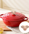 Sweet Upgrade Solid Stainless Steel Dutch Oven Knob Handle Swaps Out Worn Le Creuset Lodge Enameled Crock Pot Lid Rose Gold Finish on red pot