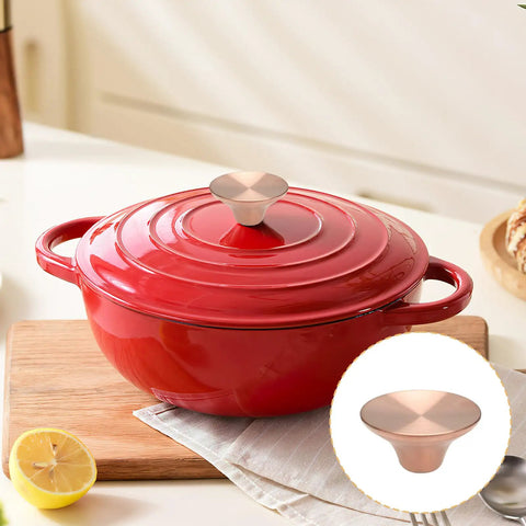 Sweet Upgrade Solid Stainless Steel Dutch Oven Knob Handle Swaps Out Worn Le Creuset Lodge Enameled Crock Pot Lid Rose Gold Finish on red pot