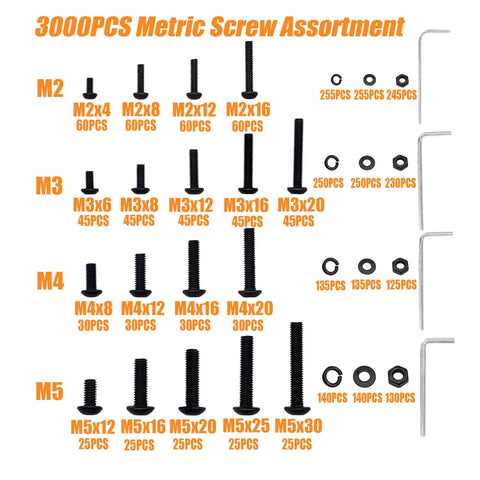 Must Have 3000Pcs Metric Screw Assortment Kit With 18 Sizes M2 Through M5, Includes Hex Button Head Cap Screws, Nuts, Washers And 4 Allen Wrenches