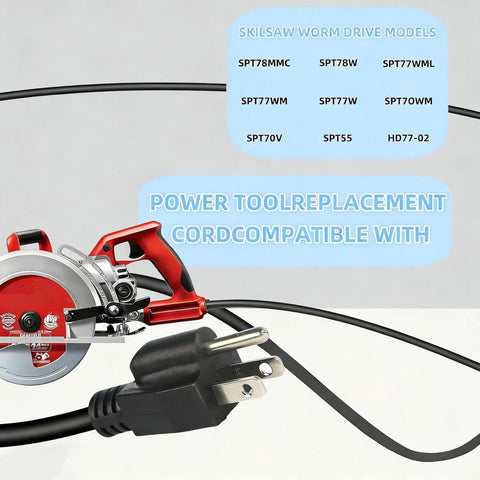 Heavy Duty 3 Prong Replacement Power Cord 14 AWG 8 Foot Black AC Cable for Skilsaw tools plug and cord shown.