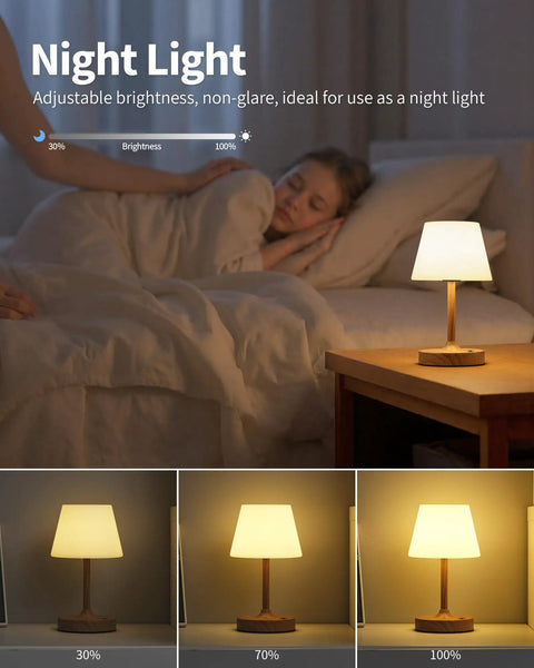 Cordless LED Wood-Grain Table Lamp With Waterproof Shower Design on a bedside table next to a sleeping child.