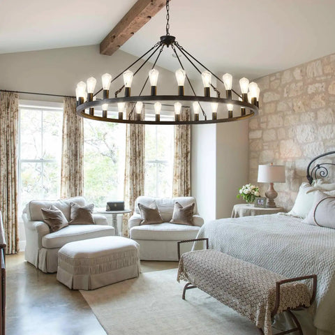 53 Inch Farmhouse Wagon Wheel Chandelier With 24 Lights Rustic Black Round Ceiling Light in bedroom setting
