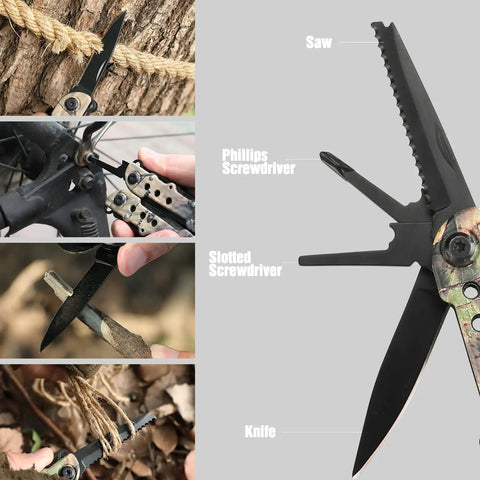 13 In 1 Outdoor Folding Multitool Pliers In Camo With Knife Saw Pliers Wire Cutter Screwdrivers Leather Punch Bottle Opener And Can Opener For Camping Fishing Hiking Survival showing knife and saw functions
