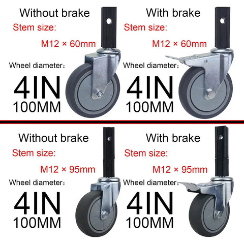 Set Of Four Smooth Operator 4 Inch Swivel Casters Dead Silent Tpr Rubber Glides showing types with and without brakes.