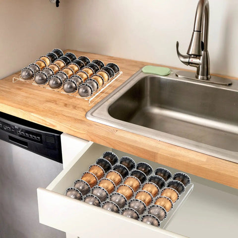 Two Pack Coffee Pod Holder Tray For Vertuoline Capsules, Grab And Go Drawer Organizer That Holds Up To 60 Pods on counter