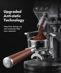 Game Changing 64 Mm Flat Burr Electric Coffee Grinder With 100 Adjustable Settings Precision Timer Anti Static Housing For Espresso French Press Smooth Stainless Steel Gunmetal Gray Finish displaying coffee grounds in dosing cup.