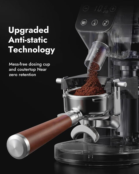 Game Changing 64 Mm Flat Burr Electric Coffee Grinder With 100 Adjustable Settings Precision Timer Anti Static Housing For Espresso French Press Smooth Stainless Steel Gunmetal Gray Finish displaying coffee grounds in dosing cup.