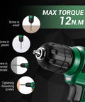 Close-up of Smooth As Hell 8V Cordless Drill Set with one hand keyless chuck, showing max torque, ideal for various material screws.