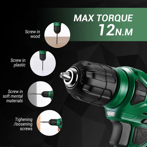 Close-up of Smooth As Hell 8V Cordless Drill Set with one hand keyless chuck, showing max torque, ideal for various material screws.
