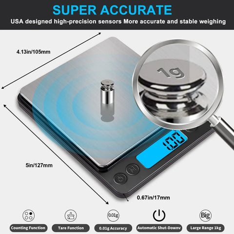 Digital Gram Scale 1000G Capacity With 0.01G Increments, USB Charging, Tare Function, displayed with precision weight illustration
