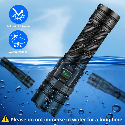 Rechargeable LED Flashlight 100000 Lumens Beast Bright Zoomable Beam XHP99 Tactical IP68 Waterproof in water