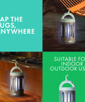 360 Degree UV Bug Zapper For Indoor And Outdoor Use, rechargeable mosquito trap with micro USB cable on table and hanging outdoors.