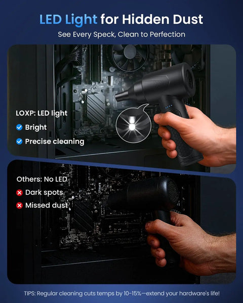 Rechargeable Brushless Air Duster With Bright Led Light And High Speed Fan For Instant Keyboard Laptop And Pc Cleaning, illuminating hidden dust.