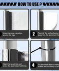 Illustration showing steps to install Eight Pack Pipe Insulation Foam Tubes With Self Adhesive Aluminum Foil Wrap for pipes.