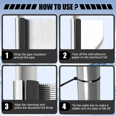 Illustration showing steps to install Eight Pack Pipe Insulation Foam Tubes With Self Adhesive Aluminum Foil Wrap for pipes.