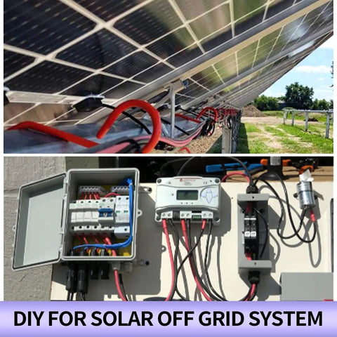 DIY solar off-grid system with 2x 50ft 10AWG solar panel wire kit in black and red with tinned copper extension cables connected