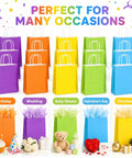 15 Pcs Gift Bags With Handles Bulk Kraft Paper Bags For Gift Wrapping Party Favors And Small Gifts Perfect For Birthdays Valentines Christmas Craft Projects And Everyday Use shown in rainbow colors with party items.