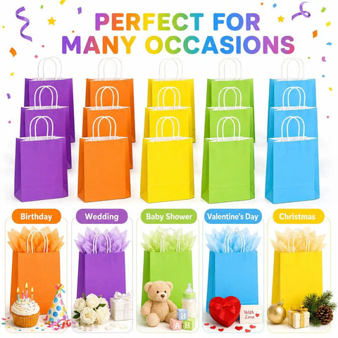 15 Pcs Gift Bags With Handles Bulk Kraft Paper Bags For Gift Wrapping Party Favors And Small Gifts Perfect For Birthdays Valentines Christmas Craft Projects And Everyday Use shown in rainbow colors with party items.