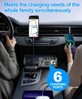 300W Portable Car Power Inverter With Four USB C And USB A 24W Ports And Dual 110V AC Outlets used to charge devices in car.