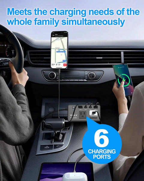 300W Portable Car Power Inverter With Four USB C And USB A 24W Ports And Dual 110V AC Outlets used to charge devices in car.