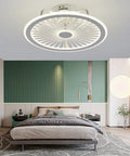 Flush Mount Ceiling Fan With Remote And Dimmable LED Light 19In 6 Speeds in a modern bedroom setting