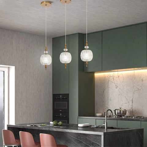 Antique Delicate Glass Pendant Light With Decorative Pattern over kitchen island, brass hardwired, adjustable ceiling fixture