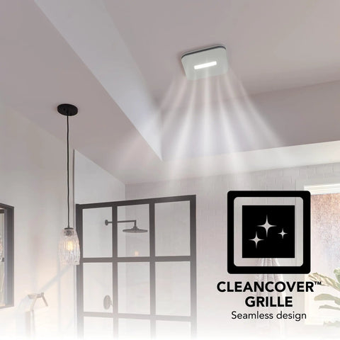 Bathroom Exhaust Fan With Light No Fuss Install Energy Star Certified 110 CFM Quiet One Point Zero Sones White mounted on ceiling.